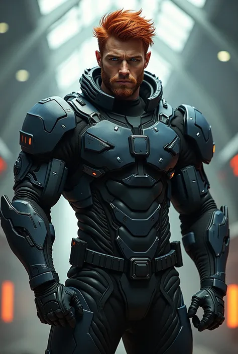 make  muscular male with futuristic sci-fi uniform, red messy hair, blue eyes