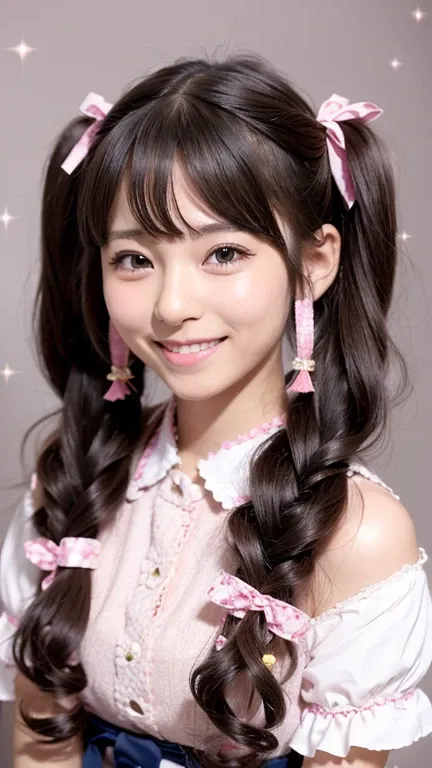  1 girl, long hair,  smiles,  twin tails, ribbon hair hairpin、 headband、 Accessories,  glitter effect, 