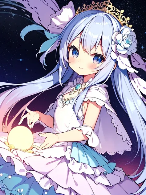 (solo), focus on character, kawaii, masterpiece, best quality, ultra detailed face, (rococo style gown), (long train pastel blue cape:1.15), (long train white ball gown:1.1), wide flared skirt, gown with flower decorations, (a girl is wearing a long cape o...