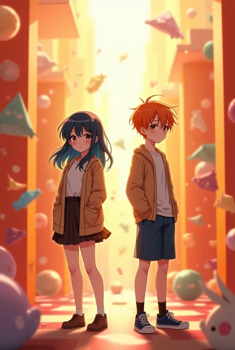 Create me a realistic anime-type Korean ager with blue and black hair in brown clothes with a skirt and a boy with orange hair also with school clothes and hands in his pockets who is in a background with different shapes of orange colors,red and yellow an...