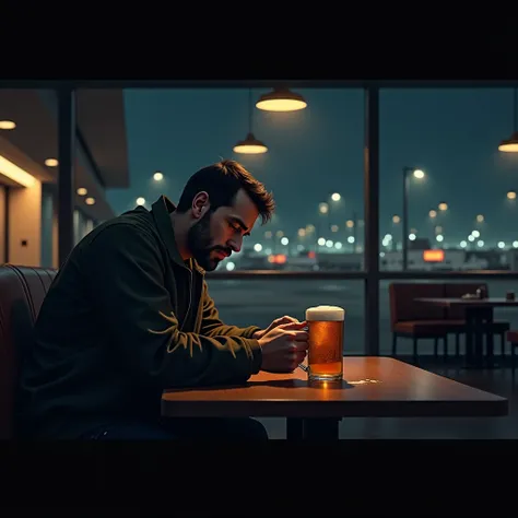 Airport at night , a tired passenger shakes his hare over a mug of beer , Watching 