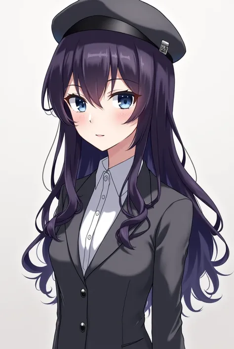  image of an anime girl . Very dark purple hair, long and wavy.  white skin.  blue eyes. Elegant and formal attire , grey suit. gray beret .