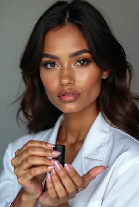  beautiful young woman ,  with brown skin and long hair , dark and slightly wavy. Your eyes are striking,  with voluminous lashes and well-done makeup ,  including dark pink or reddish lipstick . She wears a white coat ,  transmitting professionalism in th...