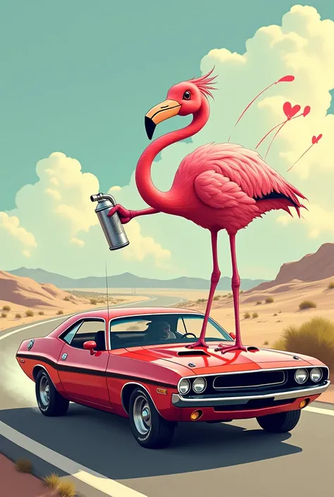 Cartoon flamingo holding a spray paint gun driving a 1970 challenger