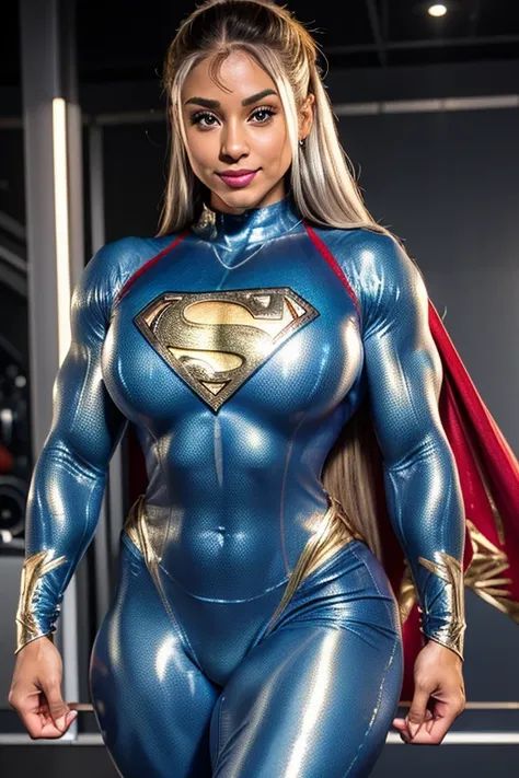 (((SKINTIGHT GLOSSY silver and gold superman  ZENTAI CATSUIT BODYSUIT))) nijistyle, Cowboy shot of beautiful woman in Superman costume, Blonde Hair, Heroic, Glowing blue eyes, Cape, Particle, Red boots, Sexy Pose, large udder, nigh sky, Countless stars, Ra...