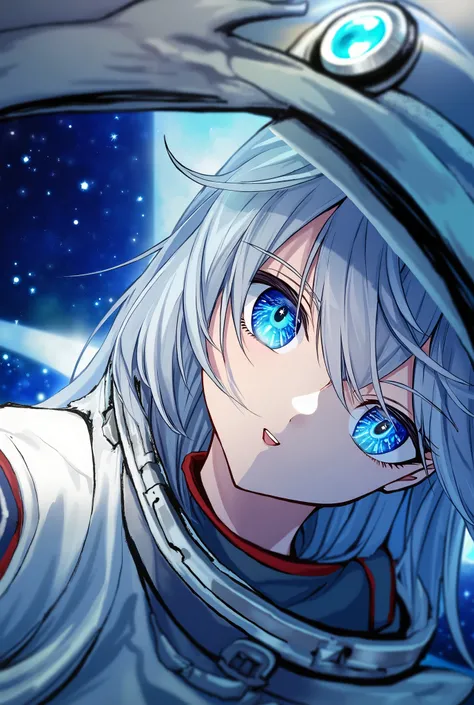  Close-up of an improved masterpiece:1.5)0.9], ( Space and astronauts:1.2) ( Untidy silver hair:1.1) (heterochromia:  xanthochromia and blue eyes :1.2) (Space helmet:1.0) ( Colored stars in the eyes :1.0) ( A radiant glow:1.1) ( thick lips:0.9)