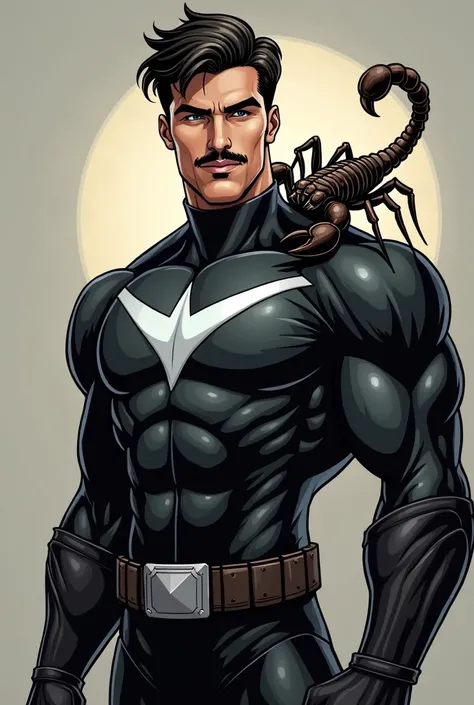 I want a cover for a novel about a fictional cartoon superhero who looks like me, is handsome, has a mustache, has white skin, is named Salman, wears black and silver clothes, has a scorpion as a pet, and always carries the scorpion on his shoulder I want ...