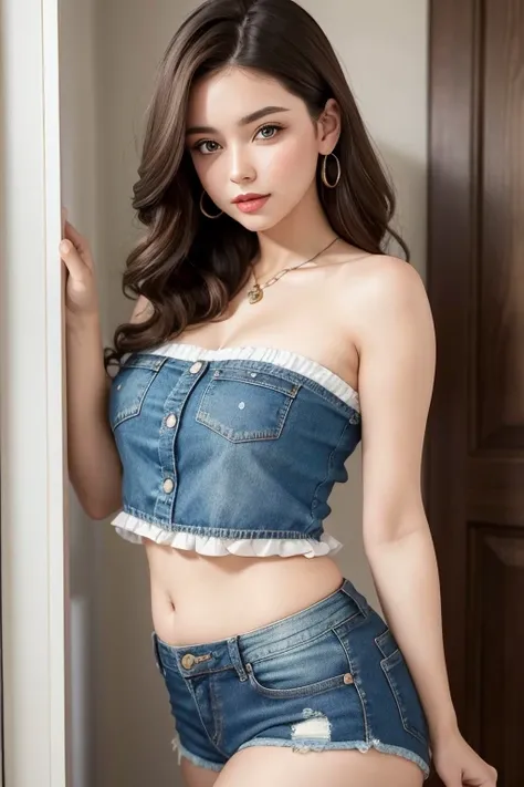 brunette woman, short, chubby, denim shorts, strapless blouse.