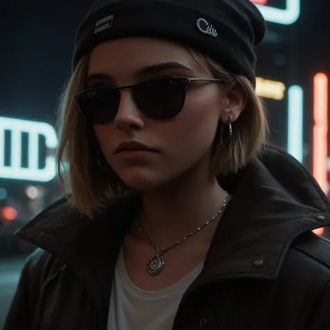 score_9, score_8_up, score_7_up, face close up, alternative girl, watching over black sunglasses, jacket, necklace, neon light reflections on skin, ear ring, makeup, skin imperfection, short hair, beanie, neon lights background, low light, depth of field, ...