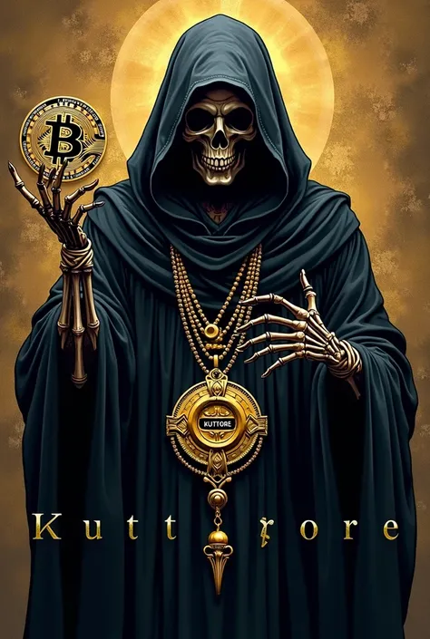 Create a print with the word kuttstore on half money Bitcoin arm the reaper using a gold cord with pendant written Kutt and this print has to be ready to be placed on t-shirts