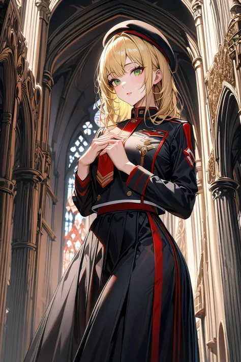 BEST QUALITY, ULTRA DETAILED, PERFECT ANATOMY, HIGH DEFINITION, INTRICATE DETAILS, ALONE 1 girl with Russian features, long blonde hair, left, green eyes. Her uniform consists of a long skirt with an open slit, black beret. Background: in a cathedral.