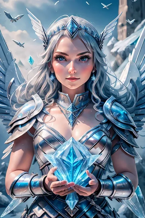 ((Best Quality)), ((Masterpiece)), (Details: 1.4), 3D, 8K RAW, Valkyrie, Long Silver Hair, Ice Crystal Blast, Ice Wings, Hand Ornament, Necklace, Sword in Right Hand, Shield in Left Hand, Headdress, Big Blue Eyes