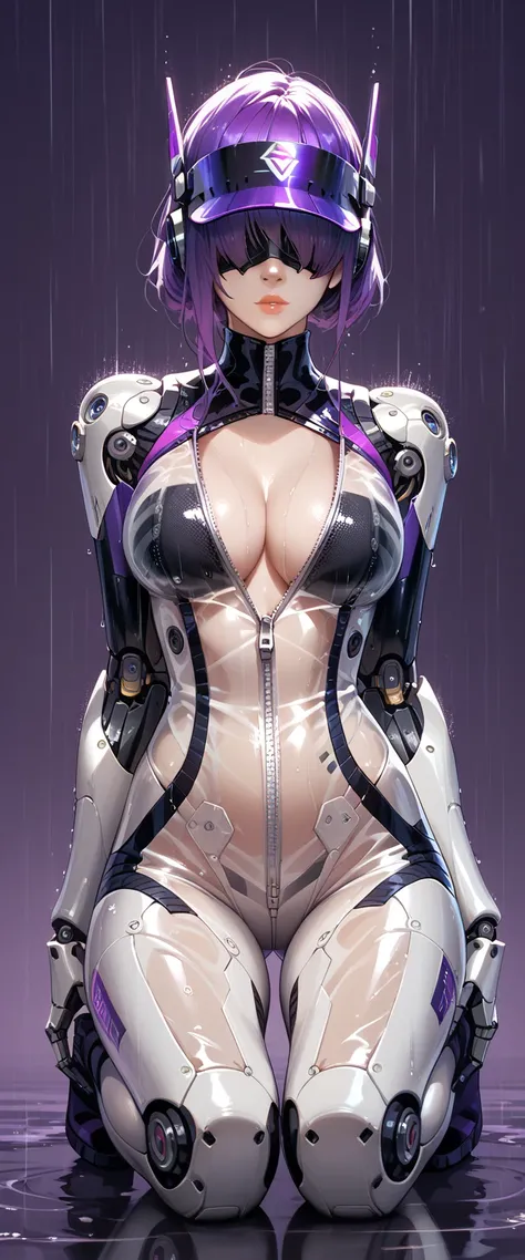 Thin, purple-haired female, cybernetic body parts, thin see-through bodysuit, unzipped, cleavage, blank dark purple background, intricate detail, visor over eyes, on knees, legs spread, raining,