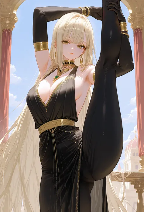 mixed_artwork style, very long hair, pale blonde hair, straight hair, dark yellow eyes, chaotically styled hair, perfect eyes, golden bracelets, black and gold dress, (plunge cleavage, side boob), golden necklace, standing, doing a split, Expressionless, l...