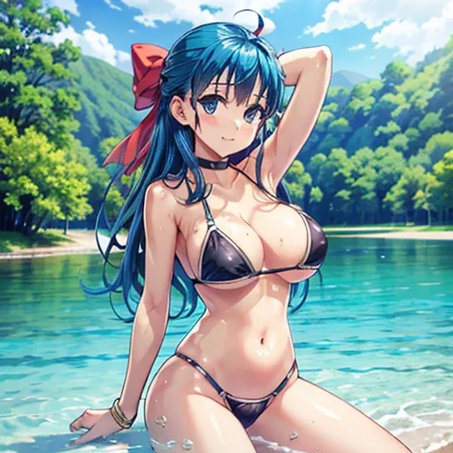 Big Breasts、 long hair、Swim in a black bikini、background lake in the forest