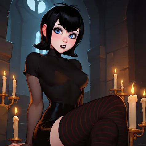 masterpiece,best quality, highly detailed, score_9, score_8_up, score_7_up, score_6_up, score_5_up, score_4_up, Expressiveh, Mavis from hotel transylvania, girl, goth, dark eyes, curvy body, medium breasts, nipple bulge, confused, looking at viewer, in dar...