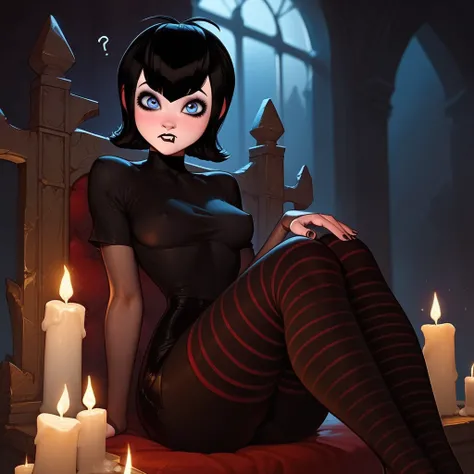 masterpiece,best quality, highly detailed, score_9, score_8_up, score_7_up, score_6_up, score_5_up, score_4_up, Expressiveh, Mavis from hotel transylvania, girl, goth, dark eyes, curvy body, medium breasts, nipple bulge, confused, looking at viewer, in dar...