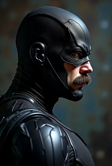 a man in a black costume with a mustache and a mask, doc ock, supervillain, superhero portrait, hero, textless, dark supervillain, heroic look, he got a big french musctache, superhero, profile shot, symbiote, portrait of adam jensen, super villain, portra...