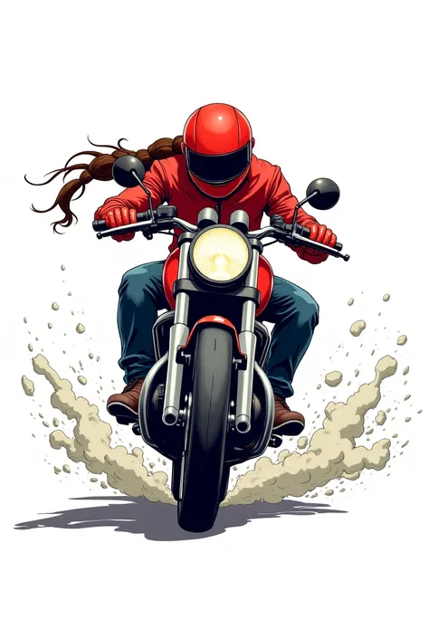 I'd like you to convert it to comic style, with a white background and that the motorcyclist had a red helmet and a brown braid