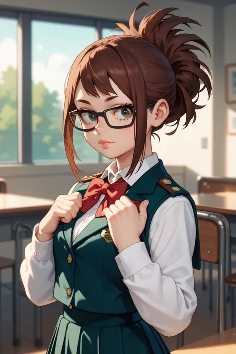 Screenshot my hero Academia Style, young girl with smooth burgundy hair up to the waist, dark brown eyes, wearing an AU uniform, school uniform, wearing black-framed glasses