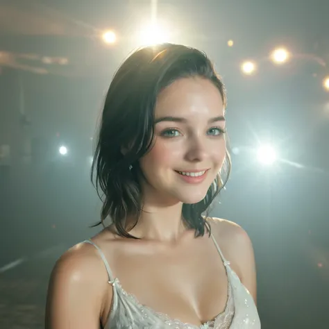 a smiling girl with black hair,delicate face,looking at the audience,masterpiece,(best quality,4k,8k,highres,ultra-detailed,realistic,photorealistic:1.37),disney style doodle,best shadow,best lighting,cinematic light,fair skin tone