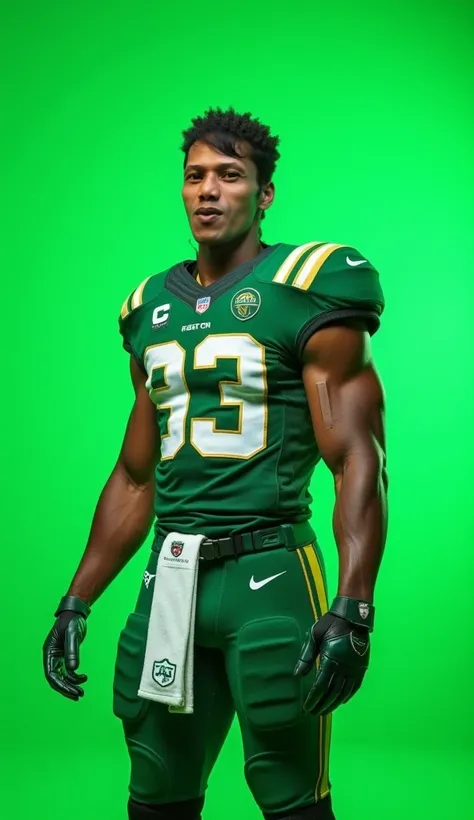 A man wearing football jersey , solid green screen background 