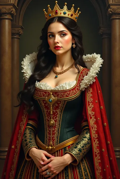 Queen of the Middle Ages,  brown eyes ,  dark hair, a little overweight, Round face and luxurious season dress 