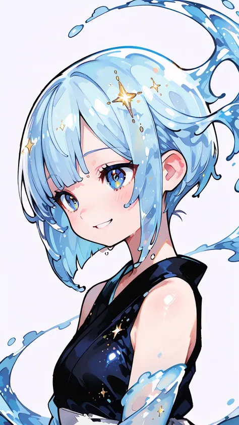 solo, Skin like water , light blue hair色, shortcuts, Blue Hair/ light blue hair,  Asymmetric Hairstyle,  high resolution,  textured skin,  blue eyes,  simple background,  glitter effect,  illustration , anime, anime風,  character design,  digital art,  supe...