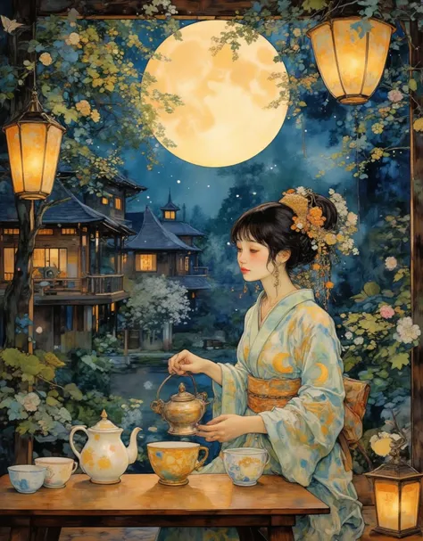 Under a vast, luminous full moon, a serene tea ceremony takes place in a tranquil Japanese garden. A graceful woman in an ornate kimono, embroidered with golden lunar motifs, gently pours tea into delicate porcelain cups. The soft glow of paper lanterns sw...