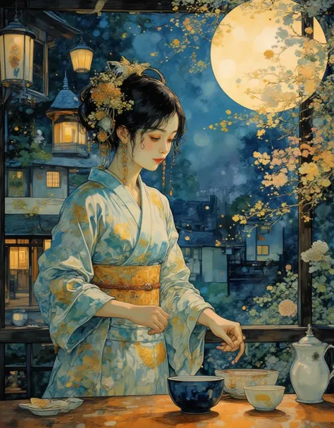 Under a vast, luminous full moon, a serene tea ceremony takes place in a tranquil Japanese garden. A graceful woman in an ornate kimono, embroidered with golden lunar motifs, gently pours tea into delicate porcelain cups. The soft glow of paper lanterns sw...