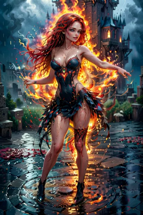 a sorceress of fire making fire dance in a the (storm of rain: 1.3), a most exquisite beautiful sorceress, controlling fire manipulating fire, a woman, dynamic hair color, dynamic hair style, (most beautiful face: 1.3), (ultra detailed face: 1.2), wet hair...