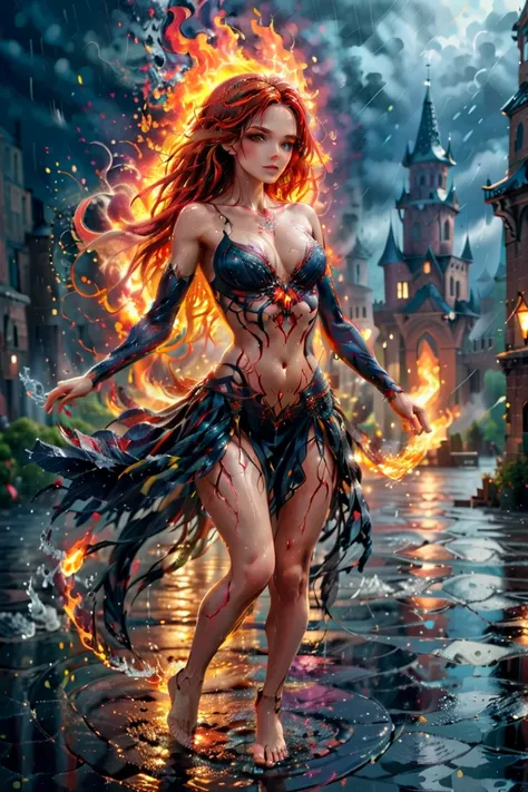 a sorceress of fire making fire dance in a the (storm of rain: 1.3), a most exquisite beautiful sorceress, controlling fire manipulating fire, a woman, dynamic hair color, dynamic hair style, (most beautiful face: 1.3), (ultra detailed face: 1.2), wet hair...