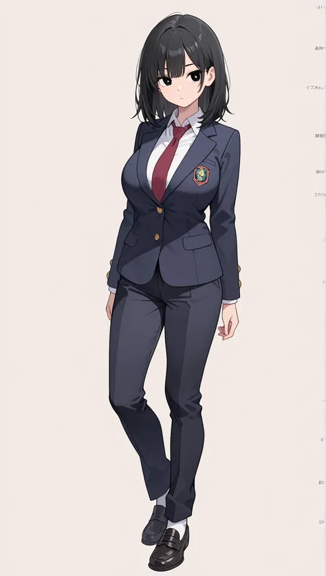 1 girl, full body, have high athletic ability , BLACK SCHOOL UNIFORM , blazer, pants,  close blazer, white shirt, black hair, black eyes, medium hair, large breast, top quality, Masterpiece, complicated details, tone mapping , sharp concentration, Super De...