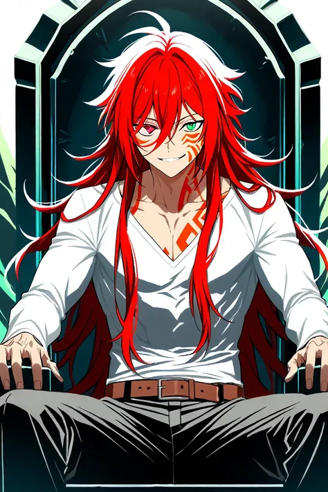 BEST QUALITY, ULTRA DETAILED, PERFECT ANATOMY, HIGH DEFINITION, INTRICATE DETAILS, ALONE, 1BOY, long red flowing hair, heterochromia, right green eyes, left red eyes with yellow slit pupil, he has black stripe-shaped markings on his face (tribal tattoo on ...