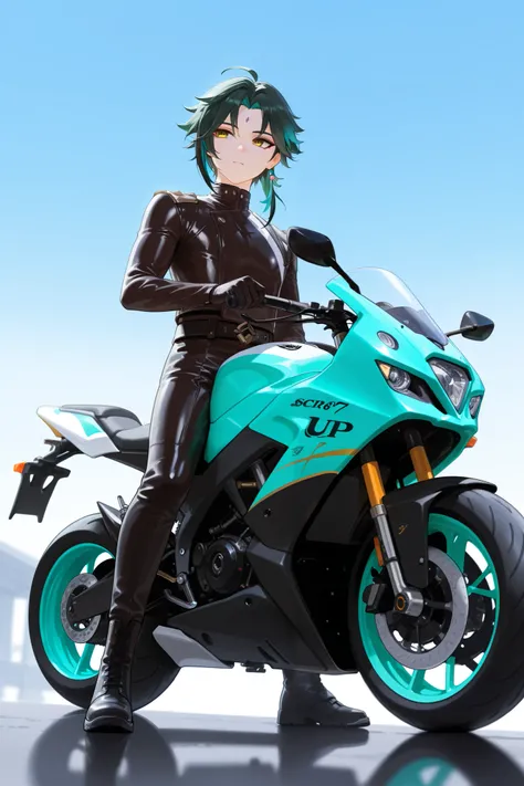 Xiao from genshin impact, stainding next to his light green race motorcycle, wearing leather clothes, higi quality, good details, fix face details