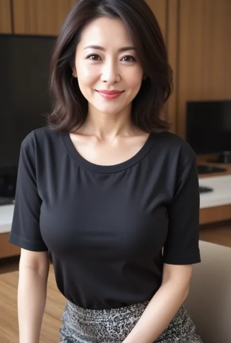   mature woman、  Japanese、48 years old (Mature Beauty: 1.5)、 kind, Enchanting Smiles 、( nasolabial folds :1.4)、  Natural Aging  、Warm Eyes 、(  upper body close-up shot :1.3)、  Soft  , Natural wrinkles 、  clean skin (1.4)、  very detailed (1.4)、 Unmatched Be...