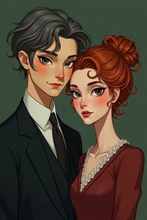 I would like to create the body of two literary characters, Cate has short wavy greyish black hair, with gray eyes and a small scar on his right cheekbone, His face is elongated (Americana), Is of medium and tall build; Saylor is a redhead with curlers sho...