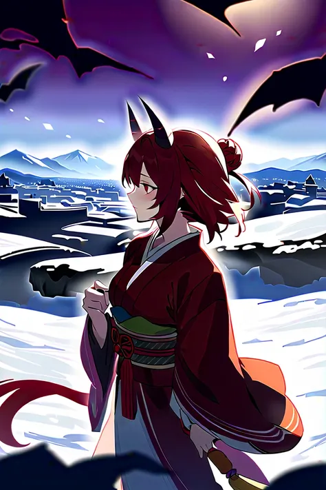 ( Masterpiece.  best image quality taken by Ki ).  one girl . The Girl of Malta .  horsetail.( Japanese demon costume :1.4).(   Snow Scenery  :0.8).（Setsubun：1.4）