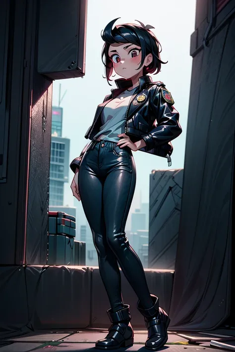 Portrait of emb-haiz, beautiful face, in cyberpunk city at night. She is wearing a leather open jacket,  black jeans, dramatic lighting, (police badge:1.2).gorgeous body, beautiful legs, full body.