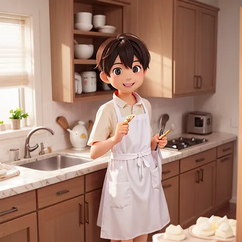 White Day、    Dark Haired Boy   、   boys、18 years old 、   I'm making white chocolate、 apron、  clean kitchen 、smile、  happy