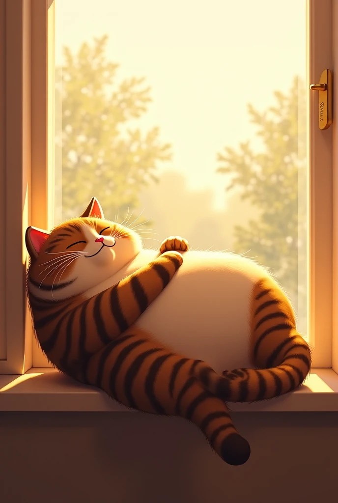 Make me a picture of a fat cat enjoying the morning