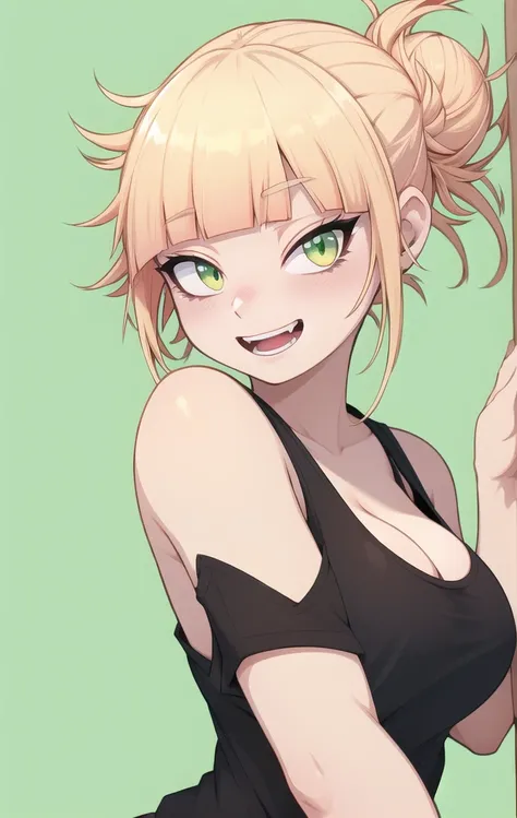 Himiko Toga, (((masterpice))), ((best qulity)), ((highres, absurdres)), (detailed), ,  1girl, solo, upper body, petite, detailed face, small breasts, , cleavage, white  tank top, ponytail, aqua hair, clothing cutout, , , head tilt, , (simple background, gr...