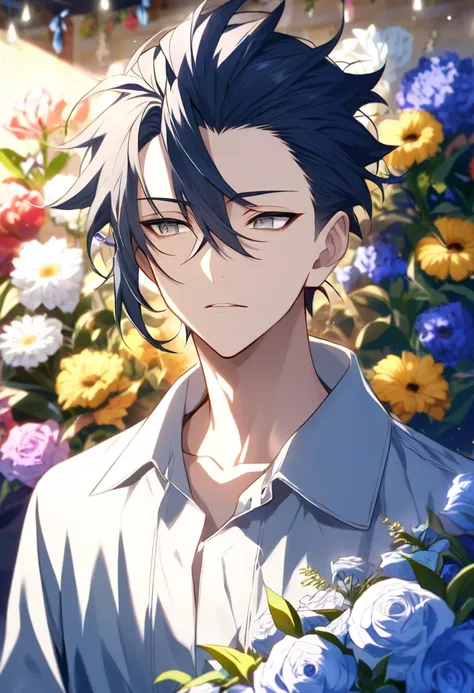 Handsome, solo, 1 male, short pinned back hair, dark blue hair, gray eyes, stern eyes, one hair between eyes, detailed eyes, wearing florist outfit, flower shop background, pretty lighting