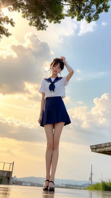 Two arms、2 legs 、 traditional Japanese high school girl uniform、 white short sleeve shirt、 sailor suit、 collar navy blue 、Sleeves are dark blue 、 skirts are short、 skirt is navy blue 、(((Tiny mini skirt)))、barefoot、((((( long legs)))))、(((( thin thighs))))...