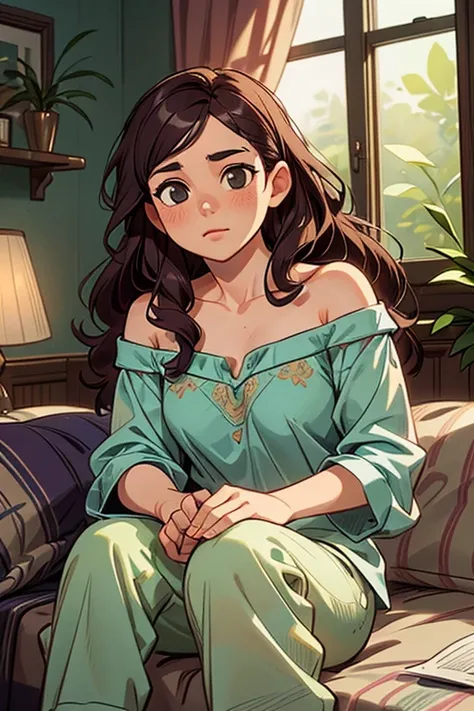 (photorealism:1.2), beautiful woman, sitting on bed, wearing loose off-shoulder top, pajama pants, long curly hair, indoors, soft lighting, plants in background, window with sunlight, cozy room, relaxed pose, realistic, intricate details, warm colors, by G...