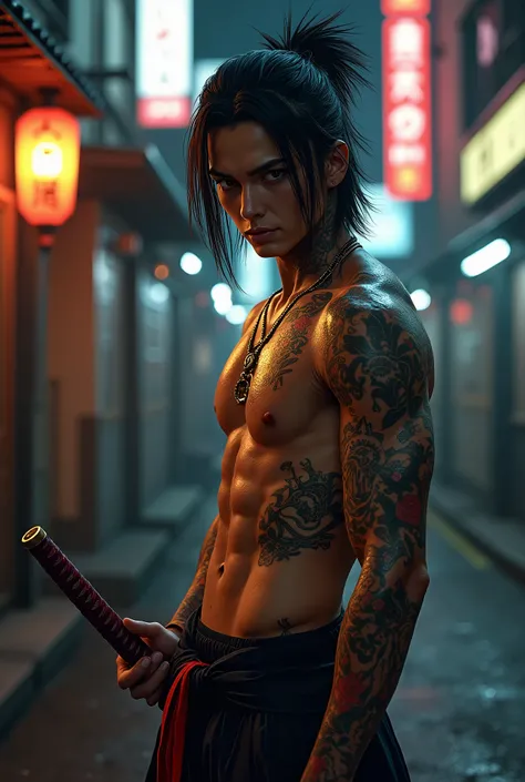 man, Yakuza, tattoo, sword, Young, long hair 