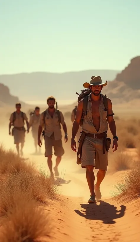 a number of people are in the Australian desert and the weather is very hot