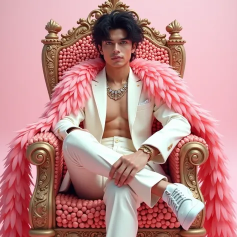 Here’s your refined prompt for a music cover:

"Album cover for a song titled 'AMOR DOCE.' A young man with messy, shaggy black hair and striking blue eyes sits confidently on an elaborate throne made of chocolate and candy. His fair skin contrasts with th...