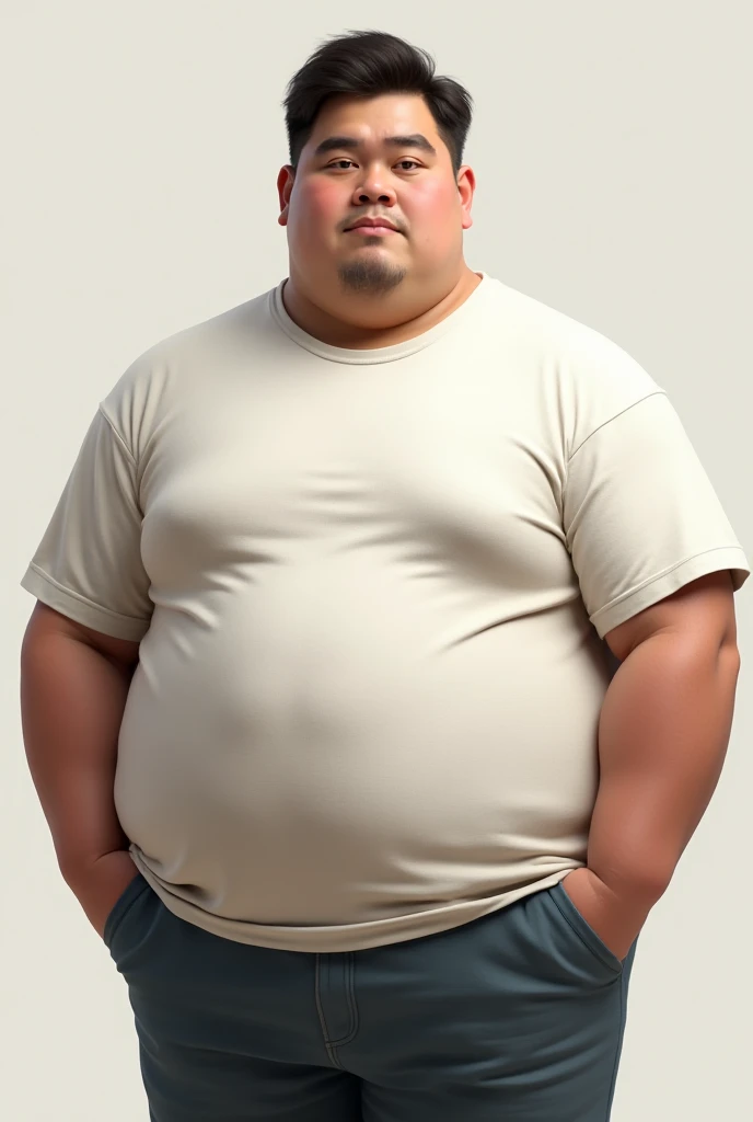 Obese 20-year-old man wearing a short t-shirt, trousers  