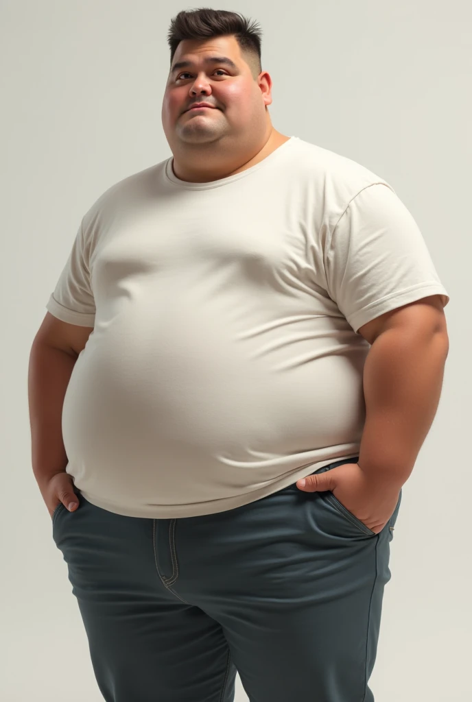 Obese 20-year-old man wearing a short t-shirt, trousers  